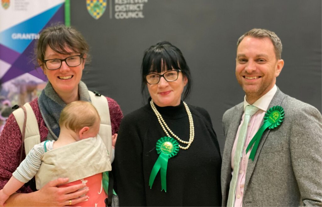 New Green Councillors for SKDC - Vanessa Smith (with son Wilbur), Patsy Ellis, and Rhys Baker